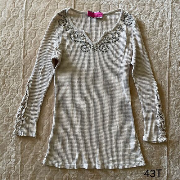 Pink Zebra Tops - Y2K Pink Zebra Bohemian Embellished Studded Waffle Knit Top Beige‎ Sz S